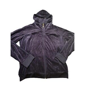 Juicy Couture Women Large Black Velour Hoodie Full Zip Long Sleeve